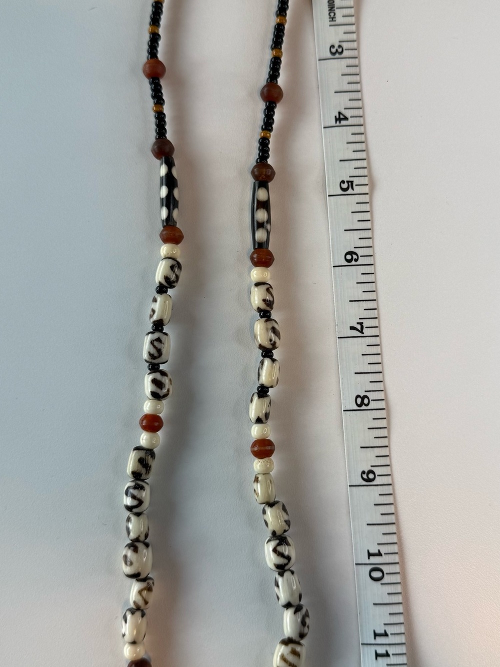 Handcrafted Vintage Black & White Patterned Bead Necklace with Brown Accents